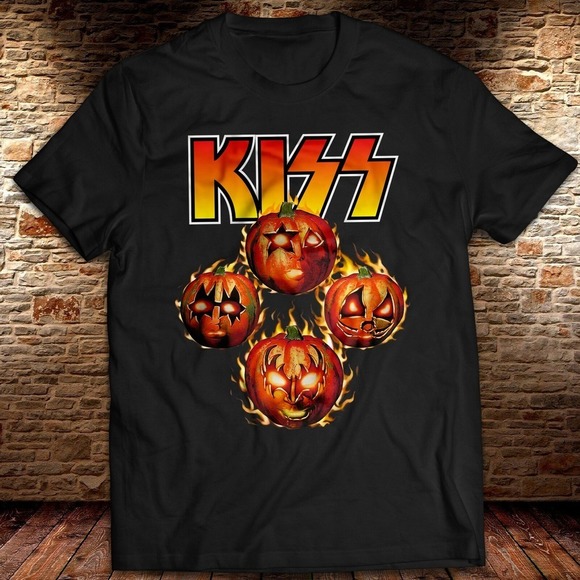 Pumpkin Kiss Band Jack Olantern Ghost Gene Simmons Funny Halloween Tshirt - Picture 1 of 3